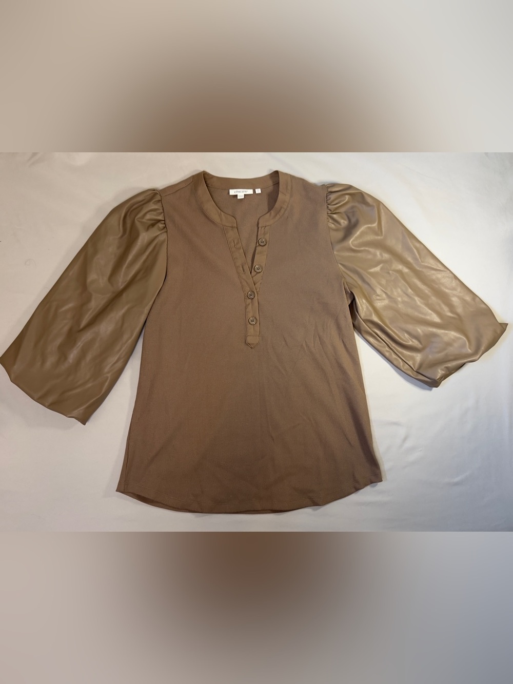 Chico’s Women's Light Brown Puff-Sleeve Faux Leather Top